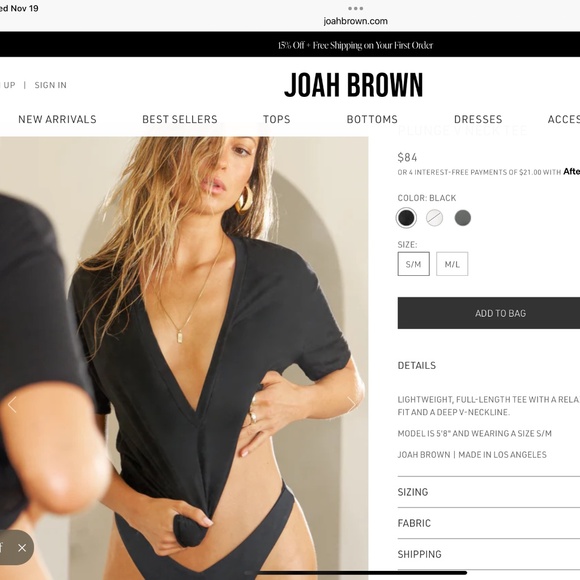 Joah Brown V Plunge Tee Black OS - Picture 1 of 5